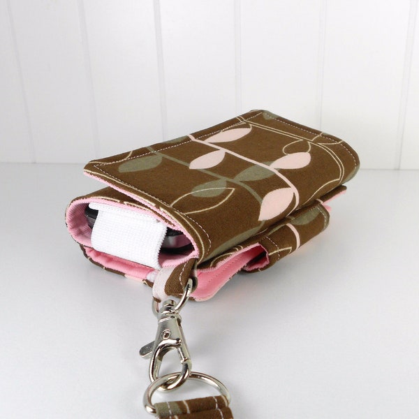 The Errand Runner - Cell Phone Wallet - Wristlet - for iPhone/Android - Pink Leaf on Brown/Pink