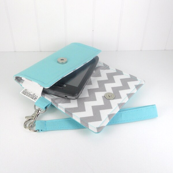 Cell Phone Wallet, Wristlet for iPhone/Galaxy - The Errand Runner - Aqua/Chevron in Gray