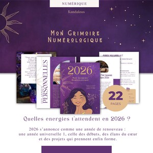 Peut inclure: Un ensemble de grimoire numérique violet et or, intitulé "Mon Grimoire Numerologique" avec l'année 2026 sur la couverture. Il contient 22 pages d'informations numérologiques. Le design comprend un soleil et des étoiles.