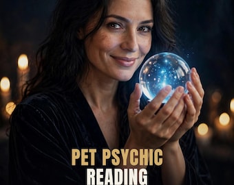 Könnte beinhalten: Eine Person mit dunklem Haar in einem schwarzen Gewand hält eine leuchtend blaue Kristallkugel. Der Text lautet: PERSONALIZED WITHIN 24 HOURS, PET PSYCHIC READING, PERSONALIZED PDF WITHIN 24 HOURS. Die Szene ist dunkel mit weichen, unscharfen Kerzen.