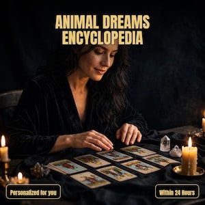 May include: A digital graphic titled ANIMAL DREAMS ENCYCLOPEDIA featuring a person in a black robe reading tarot cards on a dark cloth. The image includes lit candles, crystals, and text boxes stating Personalized for you and Within 24 Hours.