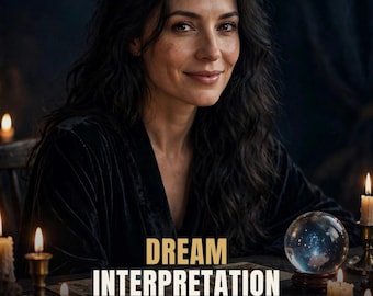May include: A person with long dark hair wearing a black velvet robe sits behind a table with lit candles, a crystal ball, and tarot cards. Text reads: PERSONALIZED, WITHIN 24 HOURS, DREAM INTERPRETATION, PERSONALIZED PDF, WITHIN 24 HOURS.