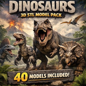 Może przedstawiać: Cyfrowy obraz promujący pakiet modeli 3D STL dinozaurów. Obraz przedstawia różne dinozaury, takie jak Tyrannosaurus Rex i Triceratops, z tekstem "DINOSAURS 3D STL MODEL PACK" i "40 MODELI W ZESTAWIE!"