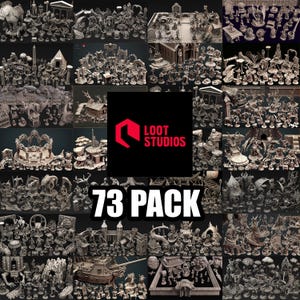 Può includere: Una collezione di miniature e pezzi di terreno stampati in 3D, tra cui edifici, creature e figure. L'immagine presenta una varietà di design, con il testo "LOOT STUDIOS" e "73 PACK". Le miniature sono in tonalità di grigio.