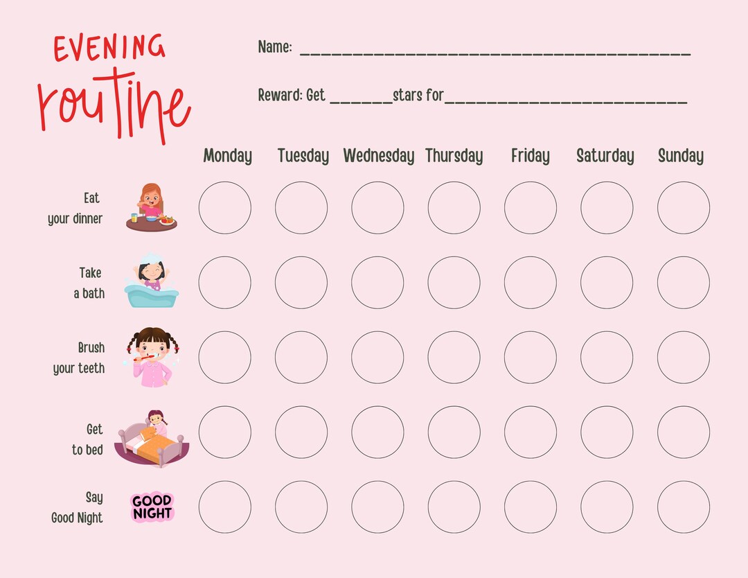 Printable Evening Routine Chart for Kids | Bedtime Habit Tracker ...