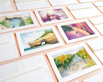 Michigan Landmarks Collection, Watercolor Art Print Notecard Set by Elizabeth Manning, 5x7in