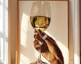 Black Woman Champagne Art Print – Afrocentric Bar Cart Decor (Digital Download)