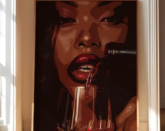 Black Woman Wine Art Print – Sensual African American Poster (Digital Download)