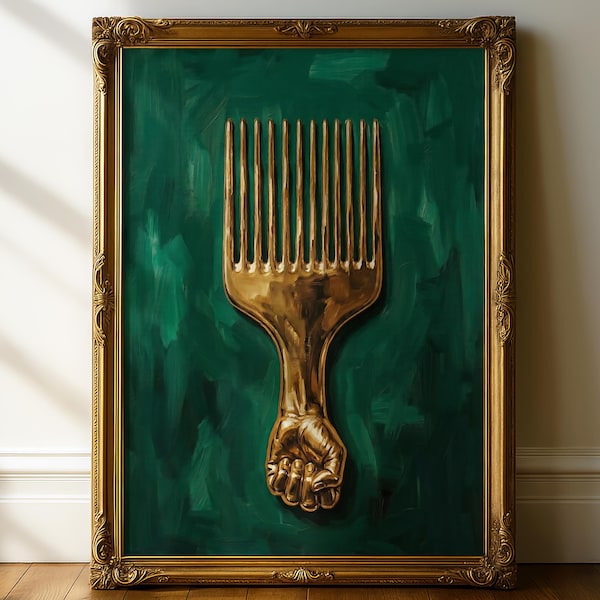 African American Black Power Wall Art, Gold Afro Pick Melanin Afrocentric Digital Download