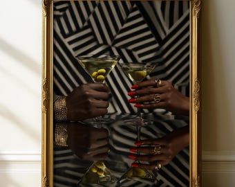 African American Black Couple Art, Gold Jewelry Martini Print Digital Download