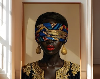 African American Art Print, Afrocentric Blindfold Wall Decor, Luxury Black Woman Portrait Digital Download