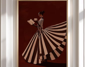 Abstract Woman Art Print: Striped Dress, Coffee and Bookish Wall Art (Digital Download)