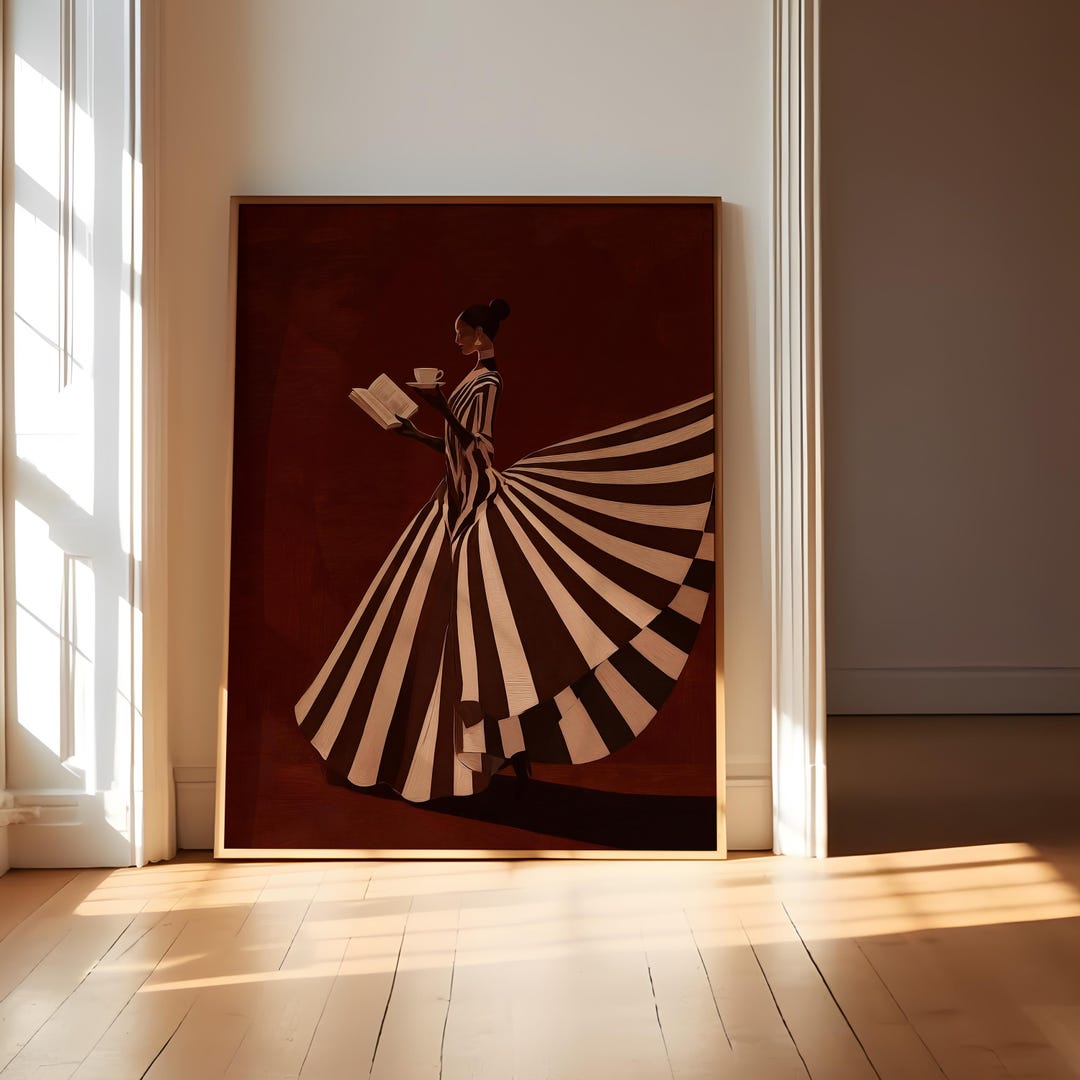 Abstract Woman Art Print: Striped Dress, Coffee and Bookish Wall Art ...