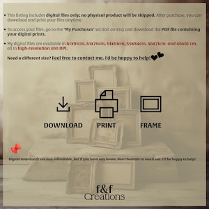 May include: Digital download art print listing with various frame sizes available. The image includes icons for download, print, and frame, along with the text "DOWNLOAD", "PRINT", and "FRAME". The listing offers digital files only, with sizes in centimeters.