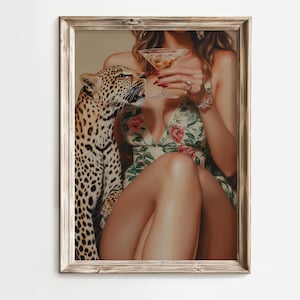 Leopard Woman with Martini – Feminine Wall Art, Vintage Cocktail Poster, Martini Glass Print, Maximalist Decor, Luxury Drink Wall Art