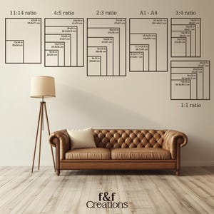 May include: Interior shot featuring a brown leather sofa, a wooden tripod floor lamp with a beige lampshade, and various framed art print size guides. The guides display dimensions in inches and centimeters, including 11:14, 4:5, 2:3, A1-A4, 3:4, and 1:1 ratios.