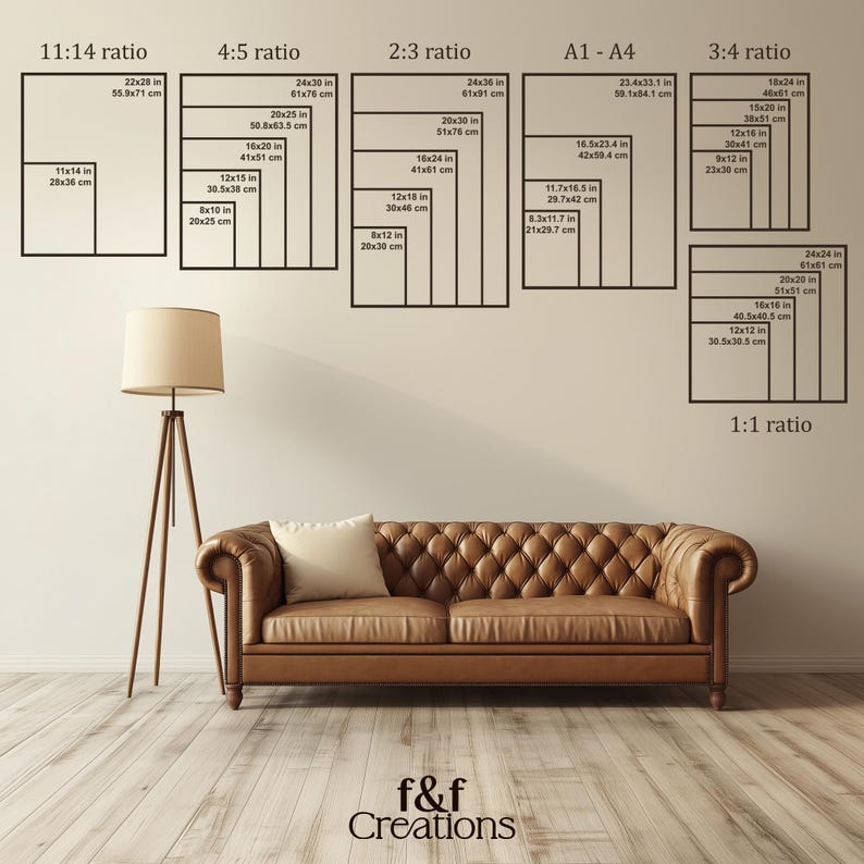 May include: Interior shot featuring a brown leather sofa, a wooden tripod floor lamp with a beige lampshade, and various framed art print size guides. The guides display dimensions in inches and centimeters, including 11:14, 4:5, 2:3, A1-A4, 3:4, and 1:1 ratios.