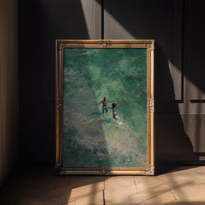 Framed African American art showing a Black couple in turquoise water. This ocean oil painting mockup illustrates romantic beach art and Afrocentric wall art, ideal for coastal summer decor and Black love art enthusiasts.