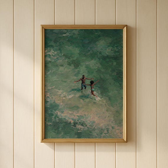 African American Beach Wall Art, Black Couple Love Afrocentric Oil Painting Digital Download