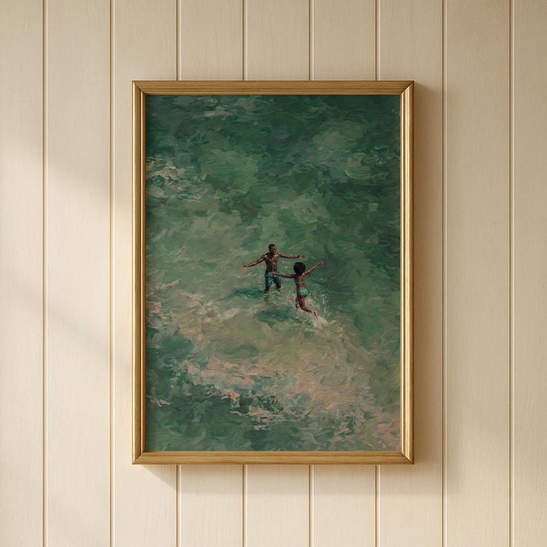 African American beach wall art featuring a romantic Black couple in turquoise ocean water. This textured oil painting captures an aerial view of Black love art and Afrocentric wall art, perfect for coastal summer decor and black art prints collections.