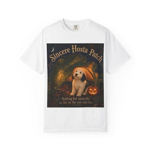 Camiseta Sincere Hosta Patch, camiseta de Halloween para perros con temática de jardín, camiseta botánica de otoño, "Nada más que sinceridad hasta donde alcanza la vista", manga corta