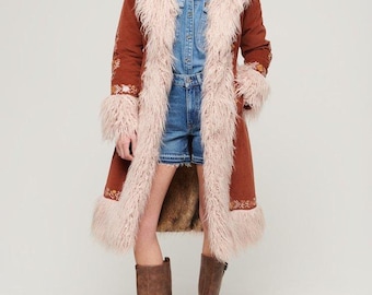 70s Bohemian Faux Fur Lined Coat | Embroidered Suede, Hippie Jacket