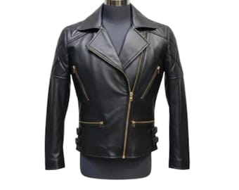 Handmade Women's Black Leather Biker Jacket – Gold Zipper Moto Style