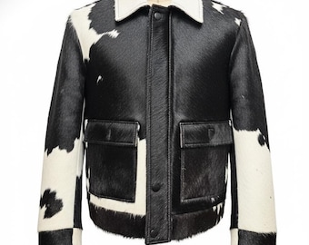 Handmade Cowhide Fur Leather Jacket: Natural Hair-On Hide Winter Coat