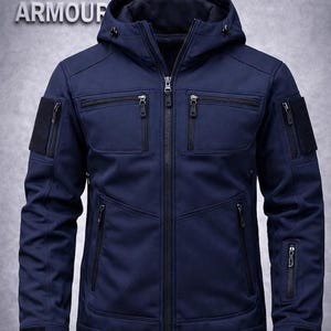 May include: Navy blue hooded jacket with multiple zippered pockets and the text "SUPER ARMOUR". The jacket features a full-length zipper, a hood, and patches on the sleeves. A practical and stylish outerwear option.