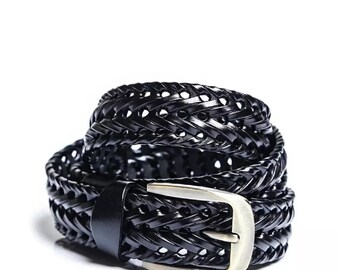 Black Braided Leather Belt: Handwoven Adjustable Design