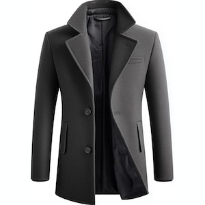 May include: A dark grey overcoat with a notched lapel and a two-button fastening. The coat has two front pockets and a single chest pocket. The interior lining is black. The coat has long sleeves.