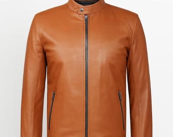 Tankleurige lamsleren herenjas – handgemaakte slim fit biker Moto