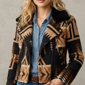 May include: A moto-style jacket featuring a geometric pattern in shades of black, tan, and brown. The jacket has a black faux-fur collar, a full-length front zipper, and long sleeves with zippered cuffs, worn over a light blue button-down shirt.