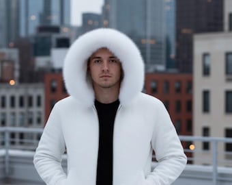 White Hooded  Crocodile Embossed Outerwear  with Faux Fur |  Modern Streetwear Outerwear for Men