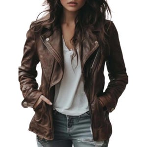 Handgemaakt vintage bruin leren bikerjack - motorjas voor dames