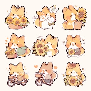 Conjunto de pegatinas digitales de primavera con diseño de conejito de girasol, imágenes prediseñadas de animales caprichosos, pegatinas de dibujos animados de Goodnotes Sunny, animales de granja de la amistad