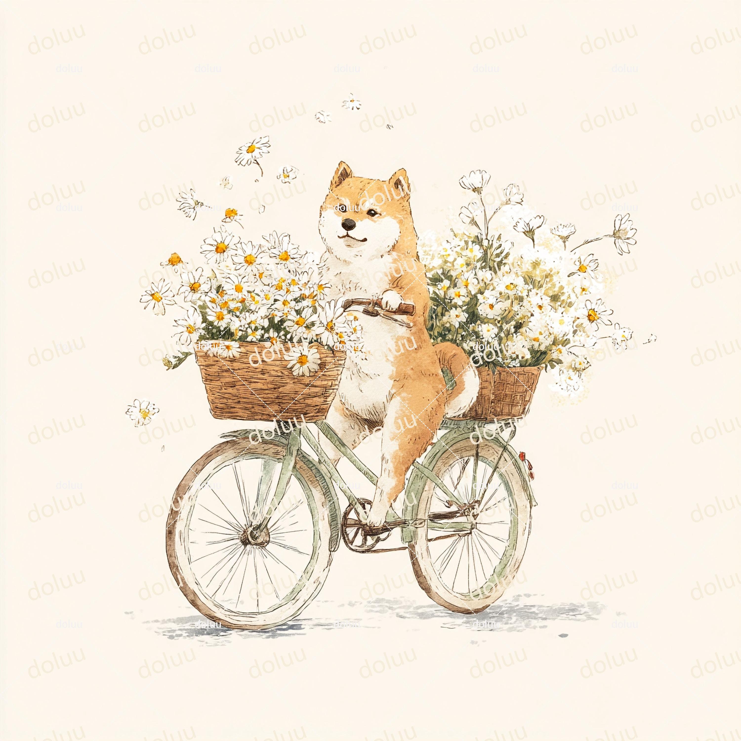 16 Shiba Inu Riding Vintage Bicycle Clipart Bundle - Gift Packaging Card - Custom Junk Journal Stickers For Pet Lover Digital Download PNG