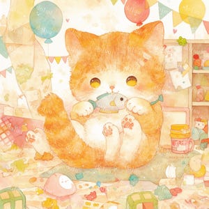 Festive Kitten with Golden Fish Clipart Bundle - Cute Cat Art for Pet Lovers - Digital Download PNG Files - animal painting - commercial use
