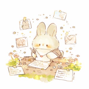 Paquete de 5 imágenes prediseñadas de conejito escribiendo cartas - Tarjeta de empaquetado de galletas - Pegatinas de diario basura personalizadas para amantes de las mascotas - Descarga digital de archivo PNG