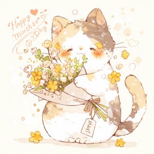 5 gatitos dibujados a mano, flores, clipart, material de diario DIY para niña, tarjeta de regalo con pegatina digital kawaii, pintura de animales con acuarela, emoji de primavera