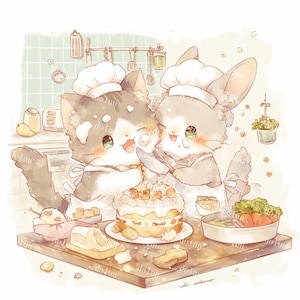 5 Kitten Chef & cake Clippart Bundel - Junk Journal Stickers - Verpakkingslabel koekjes - Digitale Cat Scrapbooking Kit - Kookpapier - PNG-bestand