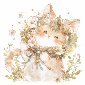 5 Minimalist Kitten With Flowers Clipart Bundle - Fresh Cat Portrait for Pet Lover - DIY Phone Wallpaper - Digital Download - Commercial Use