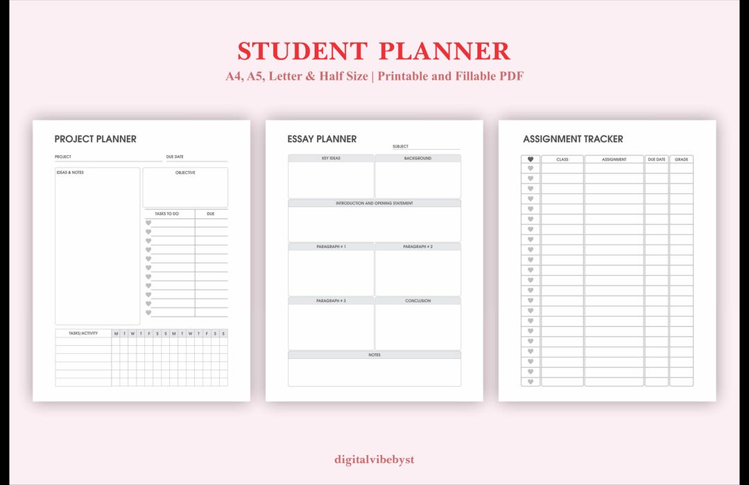 Student Planner Printable: Academic Study Organizer (A4, A5, Letter ...