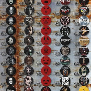May include: A collection of fifty circular pin-back buttons arranged in five columns, numbered 51 through 100. The buttons feature various band logos, graphic illustrations, and stylized faces in black, white, red, and yellow color schemes.
