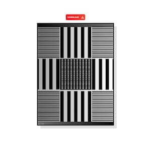 Peut inclure: Motif géométrique abstrait en noir et blanc avec des lignes horizontales et verticales. Le design est divisé en sections rectangulaires avec des motifs variés, notamment des rayures et des grilles. Un bouton rouge "TÉLÉCHARGER" est en haut à droite.