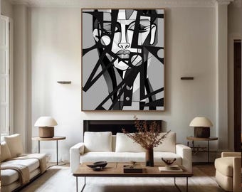 Black and White Cubist Poster, Abstract Woman Painting, Geometric