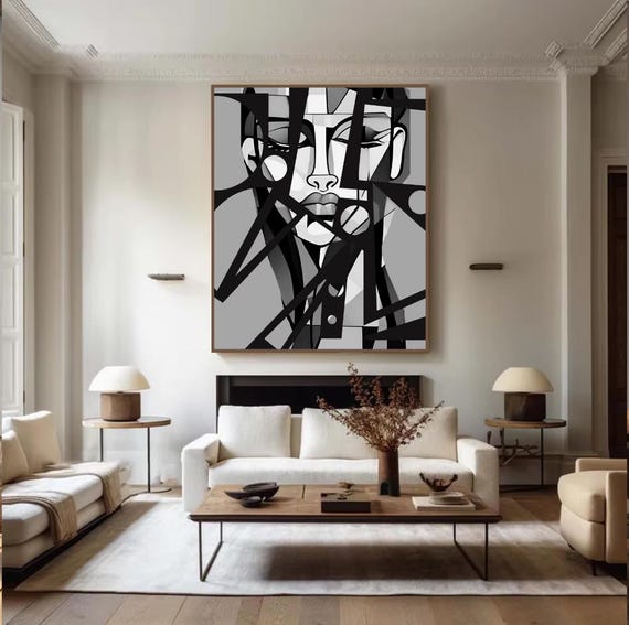 Black and White Cubist Poster, Abstract Woman Painting, Geometric