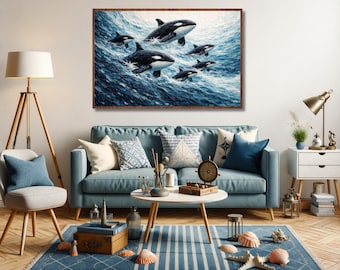 Downloadable PNG digital file of an ocean artwork depicting a family of orcas in the rough ocean