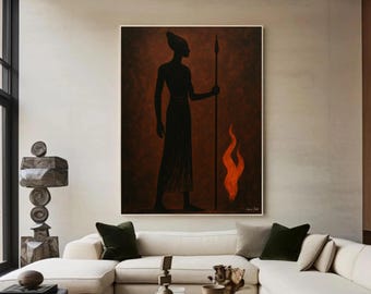 african warrior wall art, tribal man painting, african silhouette art, spiritual wall decor, ethnic warrior poster, african fire home decor