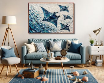 Downloadable PNG digital file of an ocean artwork depicting a family of manta rays in a fish-filled ocean
